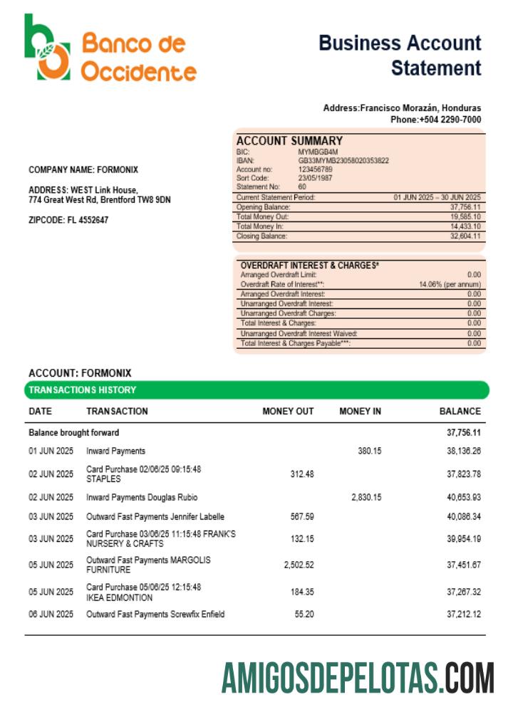 Baixável Banco De Occidente Firm Account Statement Word And PDF modelo